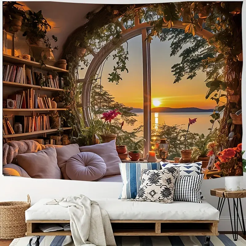 Vibrant Window Scenery Pattern Tapestry, Ideal Wall Hanging Art for Living Room, Bedroom, Dormitory, Perfect Gift for Home Decor and Room Decoration Decorating Design