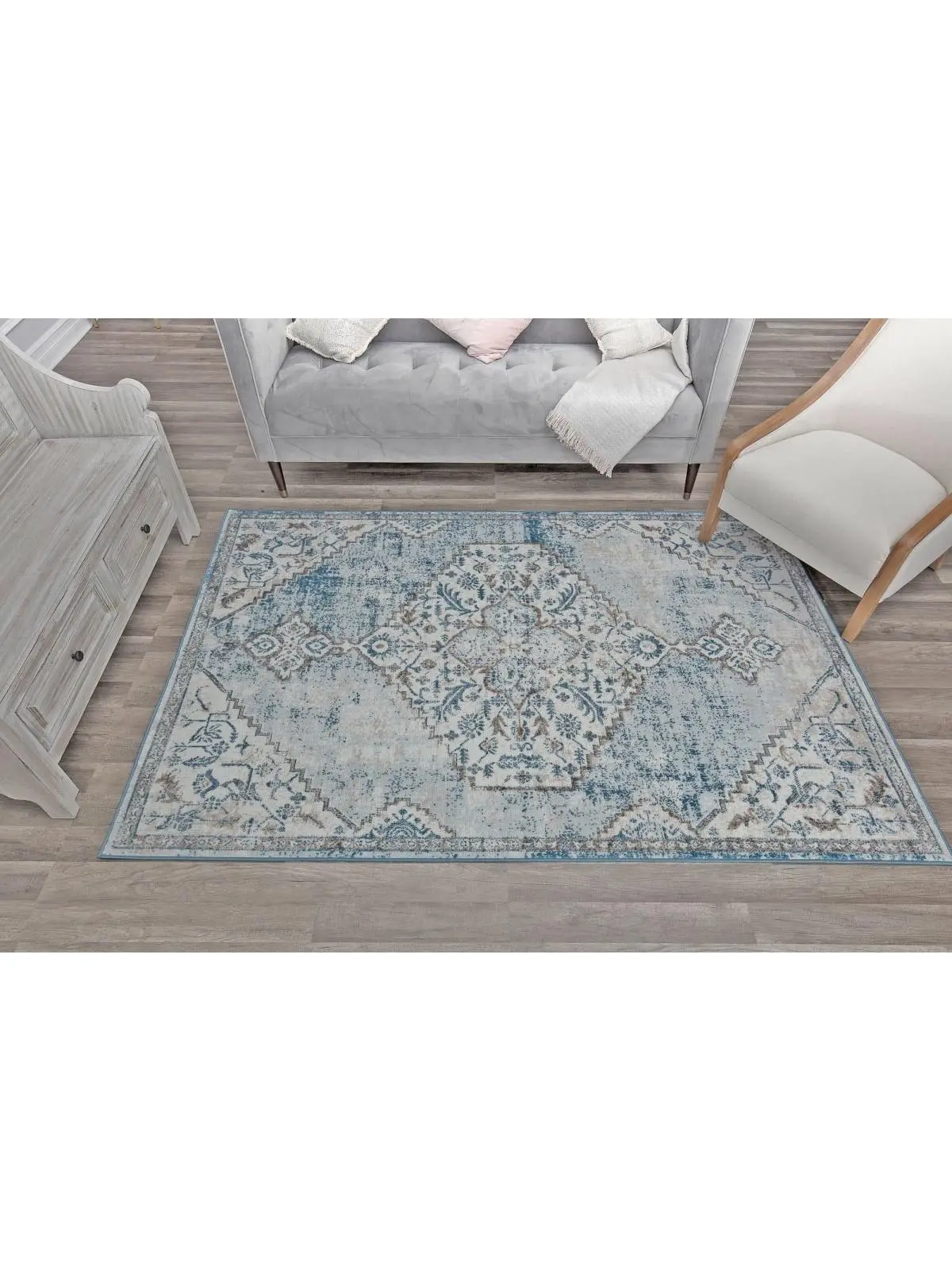 Rugs America RA30582 Freida FY65A Powder Blue Vintage Farmhouse Indoor Area Rug - 2ft6in x 4ft Rectangle, Distressed Hexagon Motif, Blue Geometric Home Decor Rug, Blue Geometric Rug, Home Decor Rugs