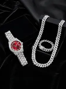 3-piece setHip Hop Cuban Link Jewelry Set for Men, Iced Out Chain Necklace Bracelet & Watch Set, Bling Rhinestone Accessories, Luxury Rap Style Jewelry, Father's Day Gift for Dad, Husband or Boyfriend