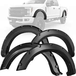 YITAMOTOR Front Rear Fender Flares Compatible with 2023-2024 Ford F-250 F-350 Super Duty, Smooth Black Pocket Riveted Truck Wheel Fenders, 4 Pcs Chrome Eyebrow Headlight Trim Cover