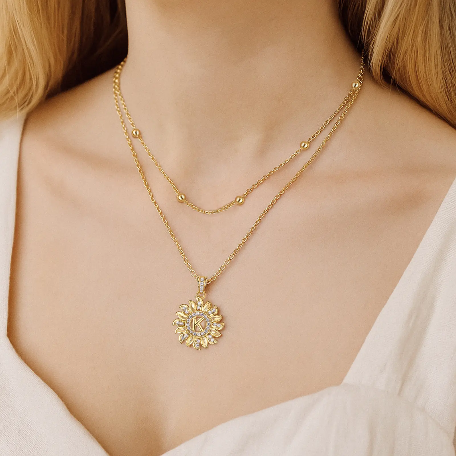 MEIITRUE Sunflower Initial Pendant Necklace for Women, 14K Gold Plated Letter Layer Neckalce with Sparkling Zirconia, Hypoallergenic Jewelry for Women & Girls backtoschool