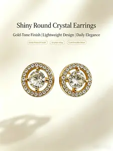 14K Gold Halo Round Cubic Zirconia Stud Earrings Elegant Classic Versatile Daily Jewelry For Women Wedding Party Gift