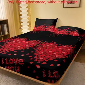 Sweet Romantic Heart & Letter Print Pattern Fitted Sheet, 1 Count Soft Comfortable Bedspread, Bedding Supplies for Home Decor, Bedroom Accessories (Excluding Pillowcases)