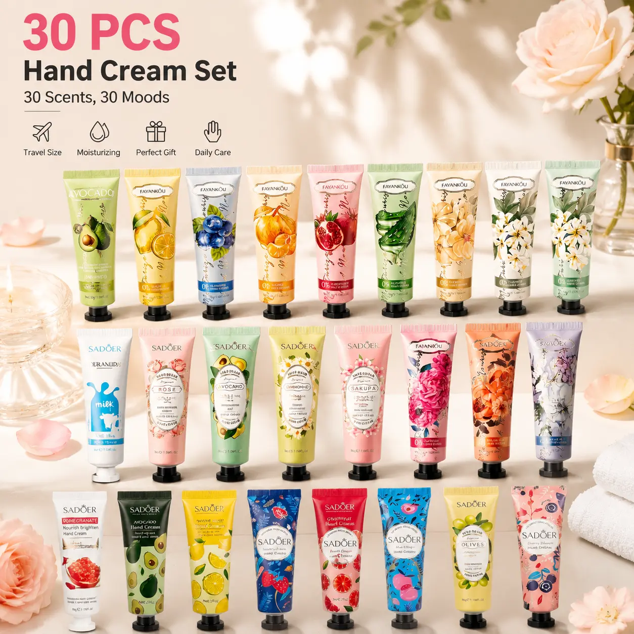 SADOER 30 PCS Mini Hand Cream Set, Lightweight & Travel Friendly Lotion for Soft Hands with Botanical Scents, For All Skin Types, Gift, Daily, Gentle, Fruity Floral, Hand Moisturizer