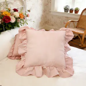 French Vintage Solid Color Ruffled Pillow with Filling, Soft Comfortable Cushion, Home Decor Gift Choice, Durable Bedding Accessory