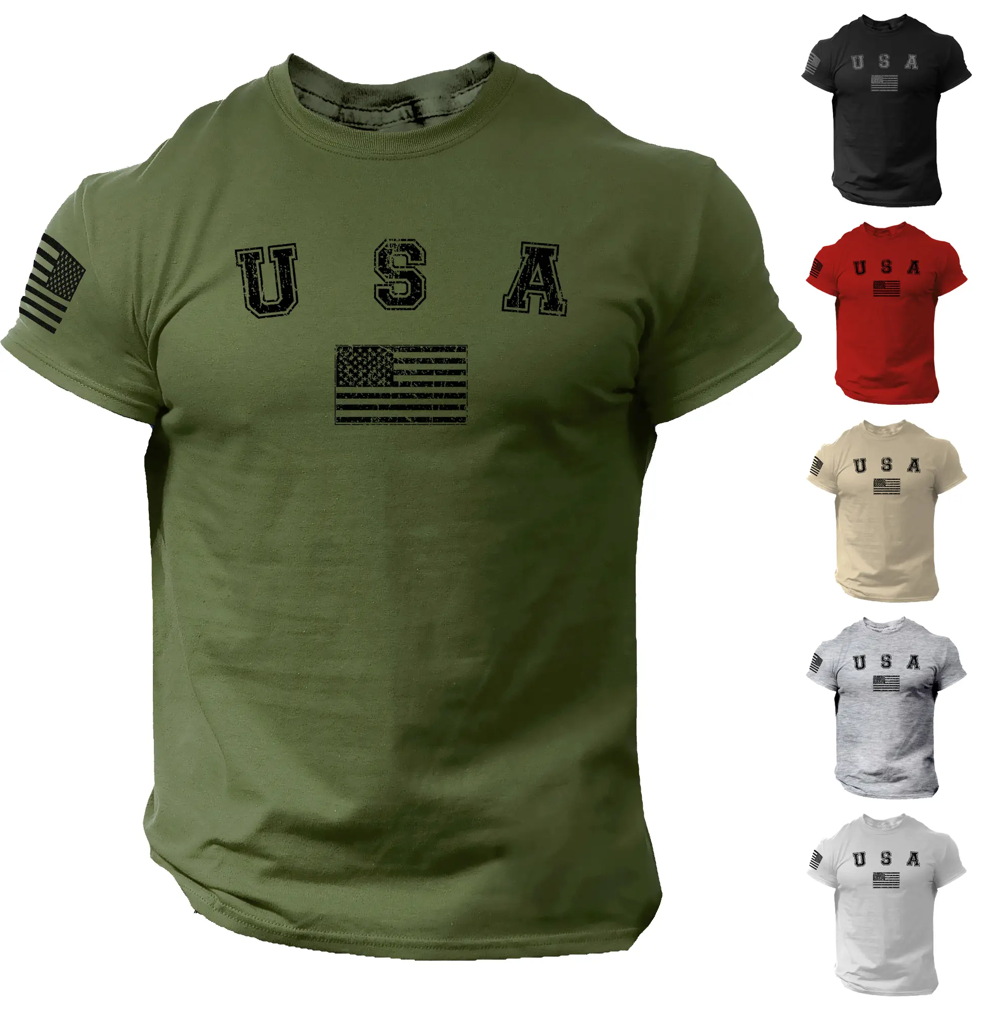 USA Flag Men College Shirt Patriotic Gym American 100% Cotton Casual Crewneck