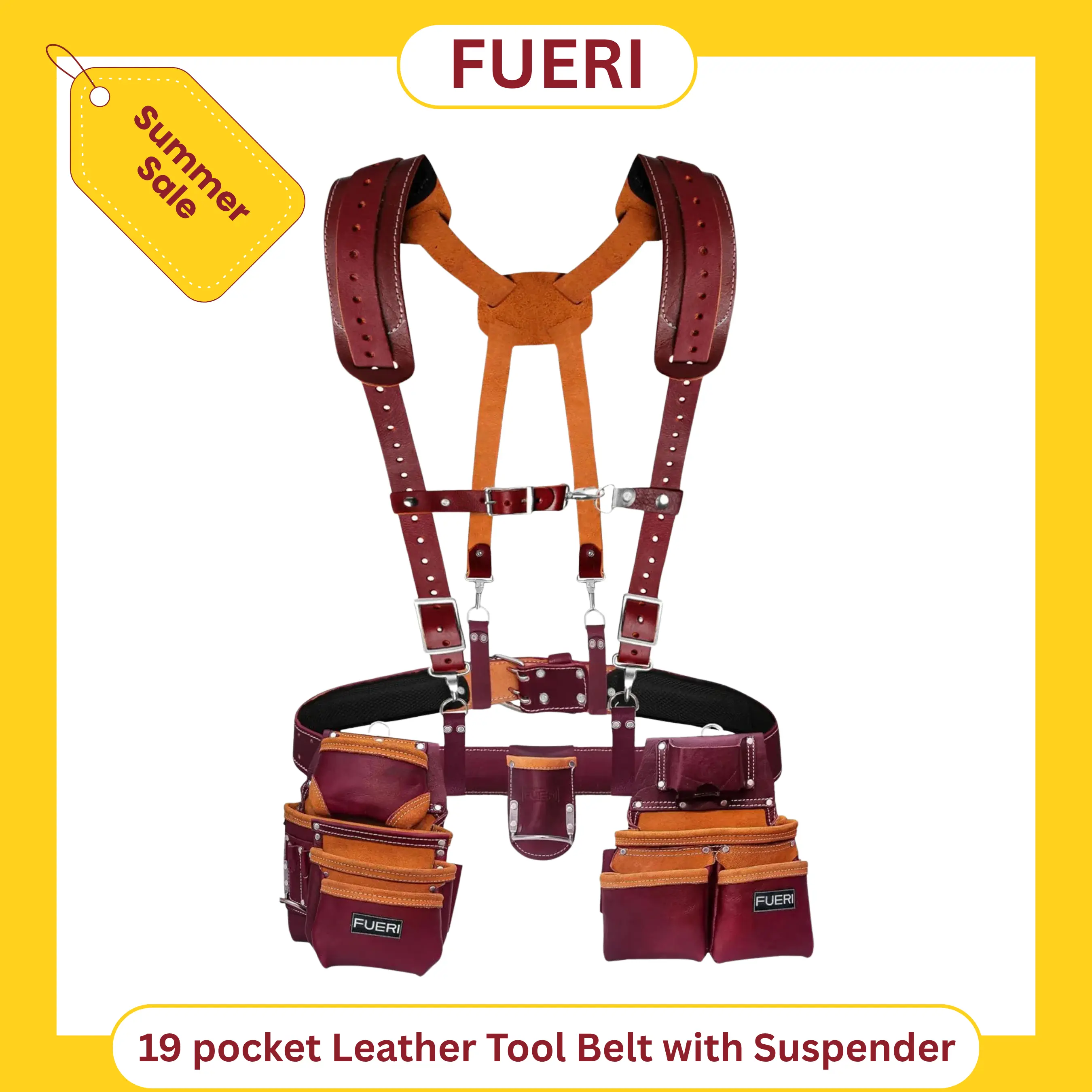FUERI 19 Pocket Leather Tool Belt with Suspenders,Comes with Padded Belt, Big Pouches, Hammer Holder,Suspender loops and Leather Suspender, Ideal for Construction Workers, Carpenters and Electrician.