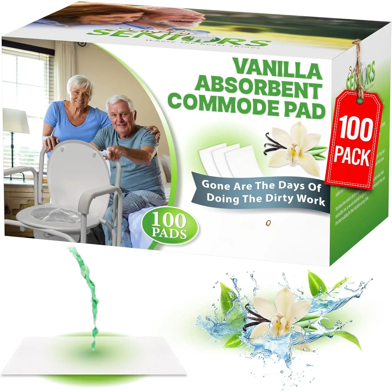 Commode Absorbent Pads for Bedside Commode Liners - 100 Vanilla Scented Pads for Portable Toilet Bags, Bedside Toilet Liners, Potty Bags for Portable Toilet, Potty Chair Liners - No More Dirty Works