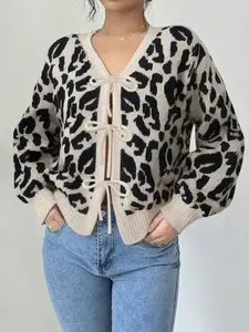 Women's Leopard Print Bow Tie Soft Cardigan Sweater, Fall Winter Fashion Casual Loose Fit, Elegant Style, Versatile Knitwear