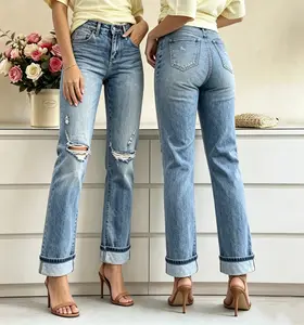 Women's Stretch Front Ripped Cuffed Jeans with Button-Flap Pockets, Women's Pants Bottoms