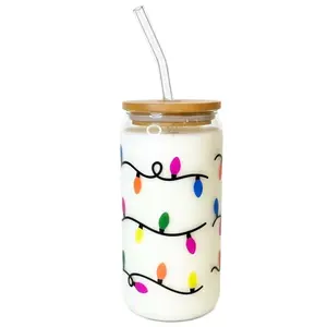 Color Changing Christmas Lights Glass Cup with Lid & Straw 16 oz Transparent Tumblers Mug Festive Handcrafted Drinkware Portable & Washable Reusable Travel Water Bottle