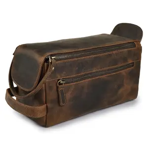Large Leather Travel Toiletry Bag Bathroom Organizer Rustic Brown