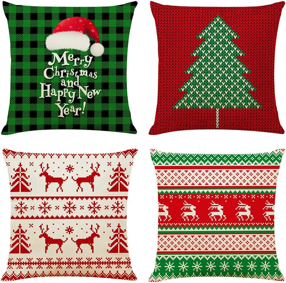 [Only Cover] 4PCS 18"x18" Throw Pillow Covers for Christmas Cushion Pillow Cases | Christmas Pillow Covers, Cotton Linen Cushion Cases for Sofa, Couch, Bed and Car, Holiday Christmas Decoration