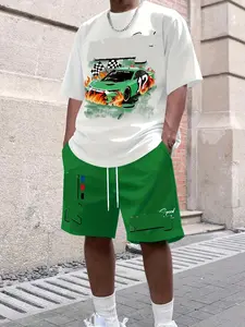 Wonder Voyage 3D Digital Printing Clothing Set Menswear Suits Casual Crewneck Gamis Formal Bestie Wetsuit Green Shortsleeve Tropical Polyester High Stretch Blend Breathable Comfortable