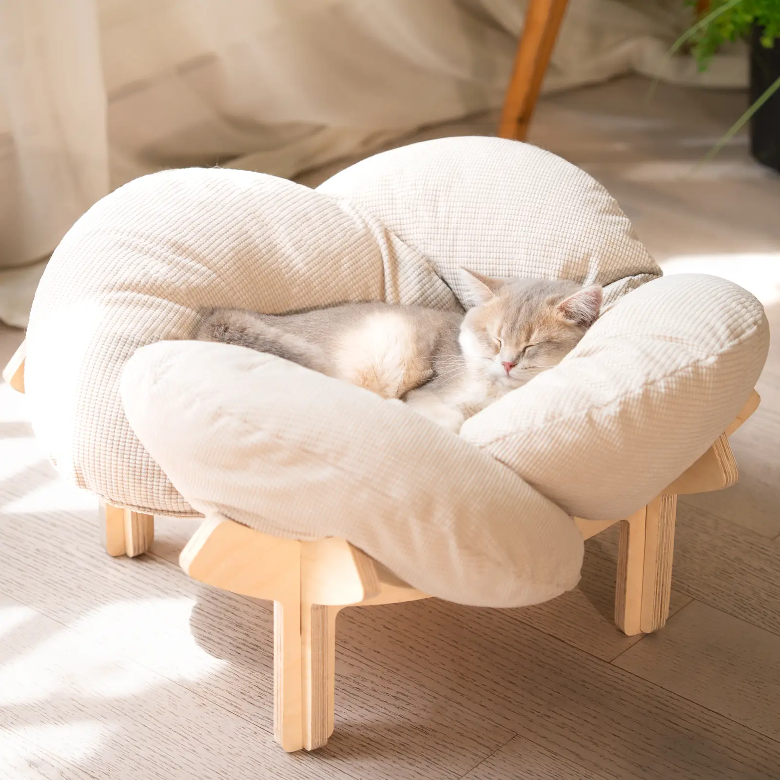 Elevated Cat Bed Wooden with Cushion Fluffy Pet Couch Sofa for Indoor Cats Raised Kitty Lounge Chair Suitable for Puppy, Cat Furniture(Large)