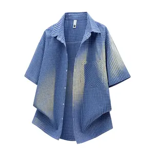 New summer American plaid retro loose drop-shoulder short-sleeve cardigan—relaxed fit for casual wear, commuting, everyday outfits, and vacations; lightweight textured breathable design with a lapel collar. summervibes