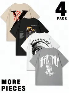 Men's Casual Sporty Round Neck Short Sleeve Tee , Street Style Print, Fashion Running Gym Workout Top, Summer Travel and Sports Ideal Choice, Athleisure Breathable Clothes, 4-Piece Set