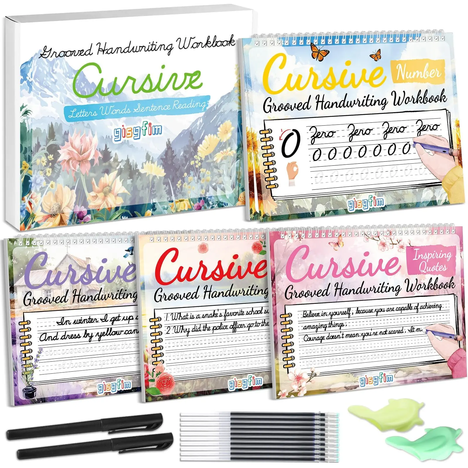 GISGFIM 4-Pack Grooved Cursive Handwriting Workbook Kit - Magic Reusable Practice Set with Disappearing Ink Pens, Kids' Learning Materials (Numbers, Poems, Jokes, Riddles, Inspiring Quotes)
