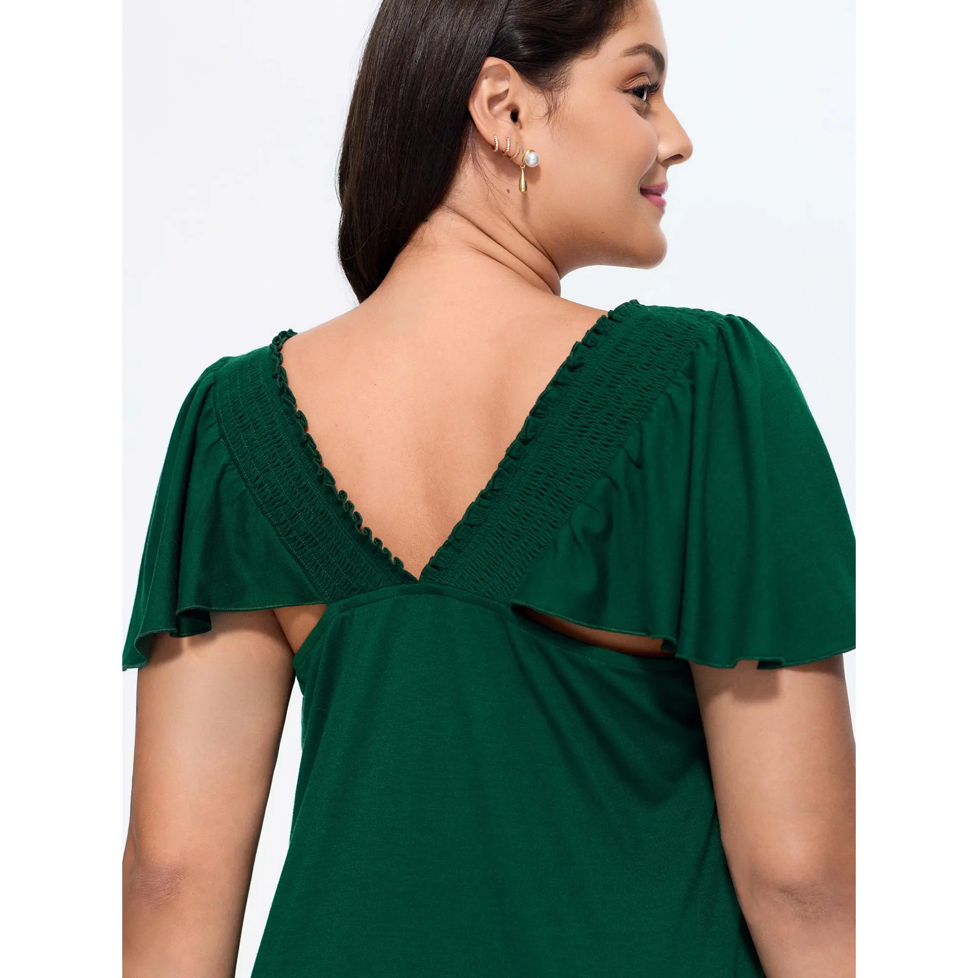 BloomChic Plus Size Ruffle Sleeve Top with Shirred Bodice and Cut-Out, Timeless Solid Spandex Knit for a Flattering Fit, Garment, Fabric