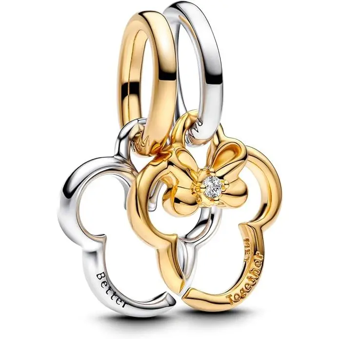 PANDORA Jewellery Pendant, Disney Mickey & Minnie Mouse 2-Tone Splittable Dangle Charm in Sterling Silver & Gold-Plate for a Pendant Necklace