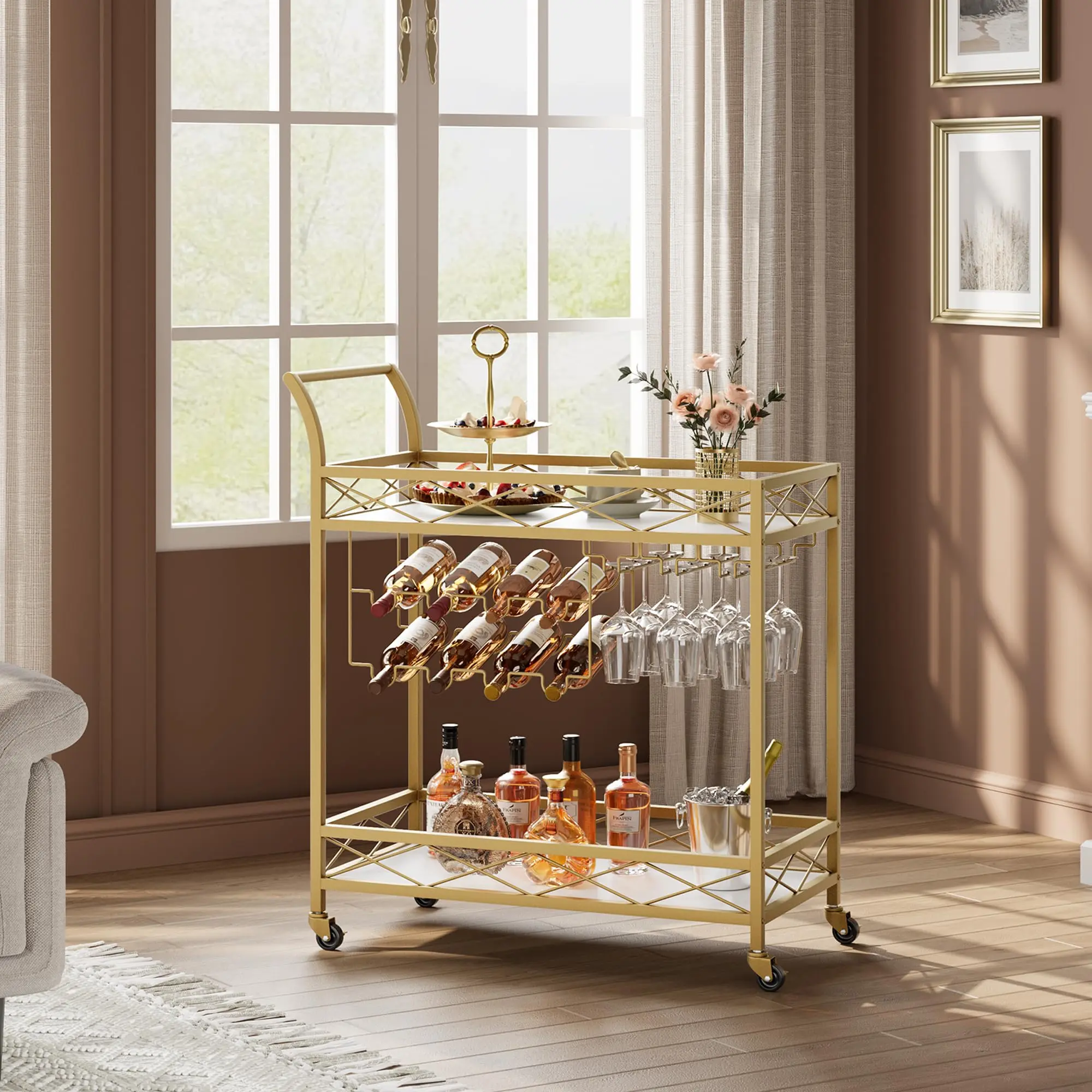 2-Tier Rolling Cart with Wine Rack & Glass Holders - Stylish Food Delivery & Serving Cart for Living Room, Kitchen, Dining Room - Functional Storage