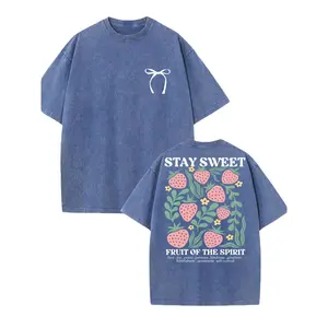 Leave A Sweet Spirit Fruit Letter Pattern Printed High-Quality Washed T-Shirt, Fashionable And Versatile, T-Shirt With Round Neck, Men'S Outdoor Clothing.