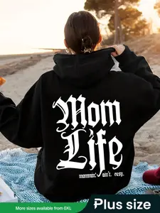 [Plus Size]Letter Print Hoodie, Mom Life Printed Hooded Sweatshirt for Fall & Winter, Women's Plus Clothing for Daily Wear, Hoodie Clothing Tops, Casual Cozy Pullover, Womenswear