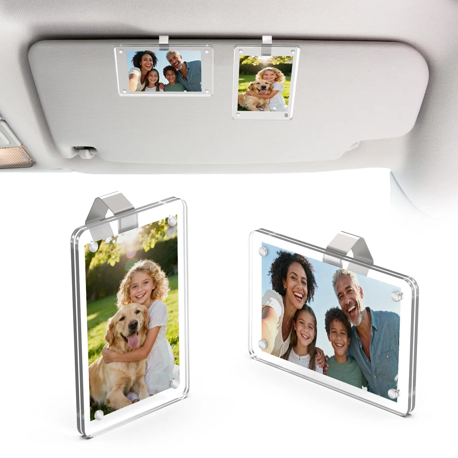 4 Pack Car Sun Visor Photo Holder, Clear Acrylic Magnetic U-Shaped Picture Clip, Fits 2.35x3.5 Inch Small Photos, Horizontal & Vertical Display, Multi-Use Magnet Frame for Car Visor, Fridge, Metal Cabinet, Ideal Gift for Family