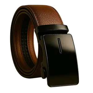 Branded Leather Men's Ratchet Belt with Adjustable Automatic Buckle for Secure Fit and Everyday Use