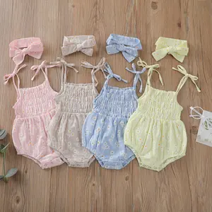 Newborn Infant Baby Girl Summer Outfit Flower Print Tie Up Spaghetti Straps Smocked Romper Dress + Headband Cotton Jumpsuit