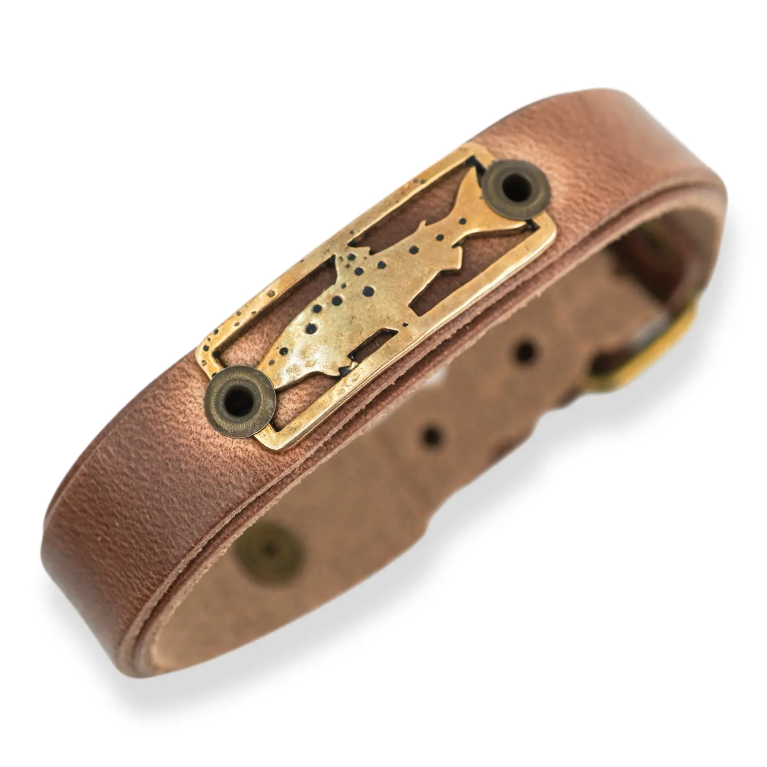 Trout Stargazer skinny fishing bracelet, bronze badge on leather bracelet