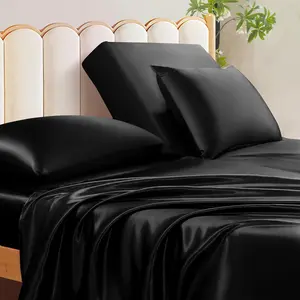 4 count Half Split Flex   Sheets Sets for Adjustable Bed, Satin Split  Bed Sheets Silky Black Satin Sheets Top Flex Sheet - Cooling Sheet Set with 14-16 Inch Deep Pockets