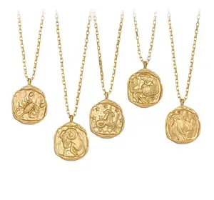 Zodiac Coin Necklace - Stainless Steel 14K Gold Plated Water Resistant Hypoallergenic Chain with Astrological Signs