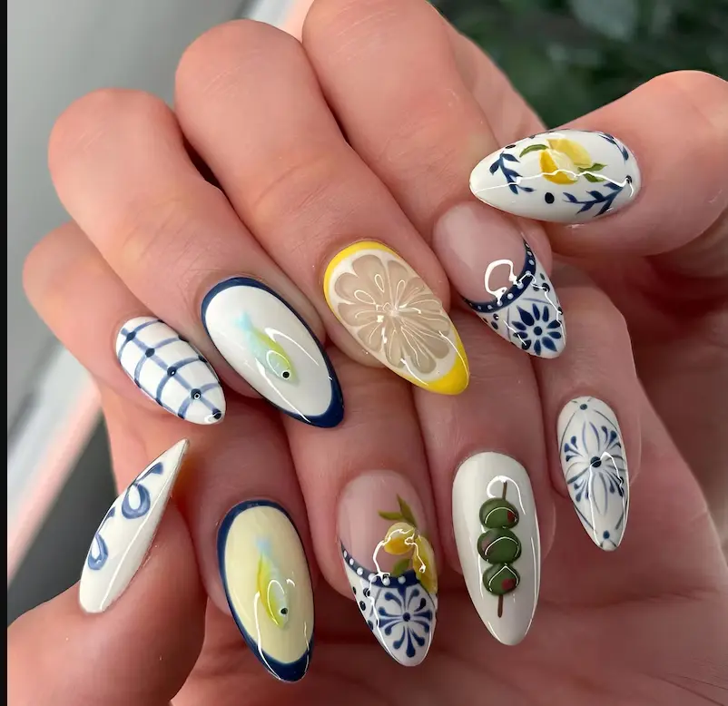 Mediterranean Tile Art Press-On Nails | Lemon & Olive Italian Style Aesthetic Manicure | White & Blue Porcelain Pattern Long Almond Nails | Unique Summer Vacation Theme Acrylic Press-Ons