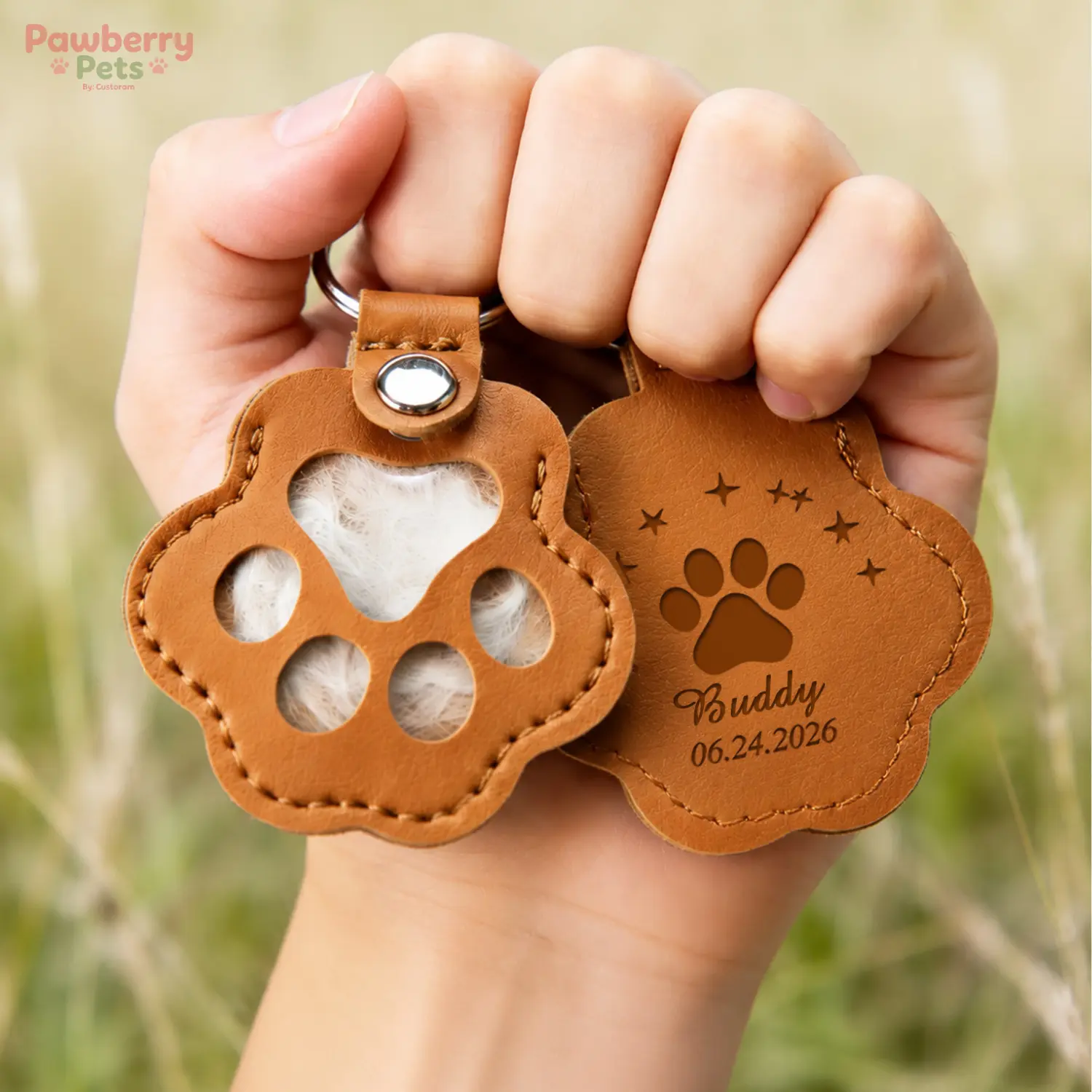 Custom Pet Memorial Paw Keychain, Pet Hair Keepsake Holder for Dog Cat, Personalized PU Leather Paw Print Key Ring, Fur Storage Charm, Pet Loss Remembrance Gift