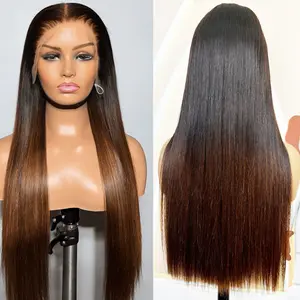HERSMILE 100% Raw Vietnamese Hair Ombre Brown Color Real 13x4 HD Lace Bone Straight Lace Frontal Wigs Human Hair Wig Pre Plucked Super Double Drawn 100% Human Hair Wigs Pre Bleached Knots Raw Hair