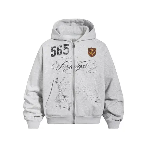 Inflation Mens Casual Loose Vintage Clothing Graphic Hoodie - Heavyweight Fleece Oversized Zip-Up, Distressed 565 Number Calligraphy Script, Varsity Letterman Menswear Streetwear Sweatshirt, 2026 Fall