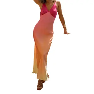 Women's Summer Slip Dress Gradient Color Sleeveless Spaghetti Strap V-Neck BacklessLong Dress