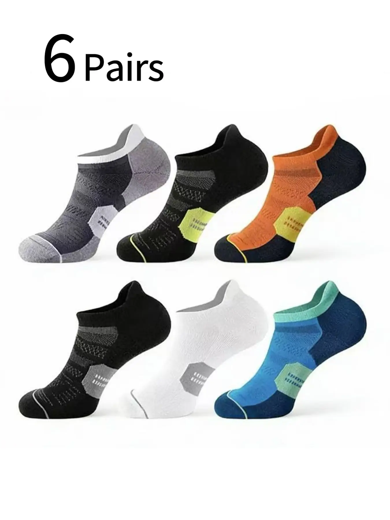 6 Pairs Men's Running Socks, Shock Absorbing Low-Cut Sports Socks, Sweat-Wicking Anti-Odor, Striped Colorblock Design, Quick-Dry Athletic Socks