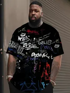 Men's Plus Size Loose Fit T-Shirt, Graffiti Street Style, Bold Urban Pattern, Round Neck Short Sleeve, Casual Summer Fall Top, Streetwear