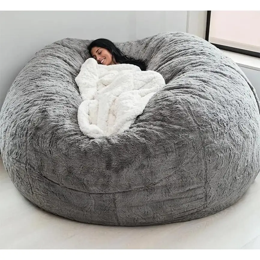 Giant Fur Bean Bag Chair Cover for Kids Adults, (No Filler) Living Room Furniture Big round Soft Fluffy Faux Fur Beanbag Lazy Sofa Bed Cover (Light Gr