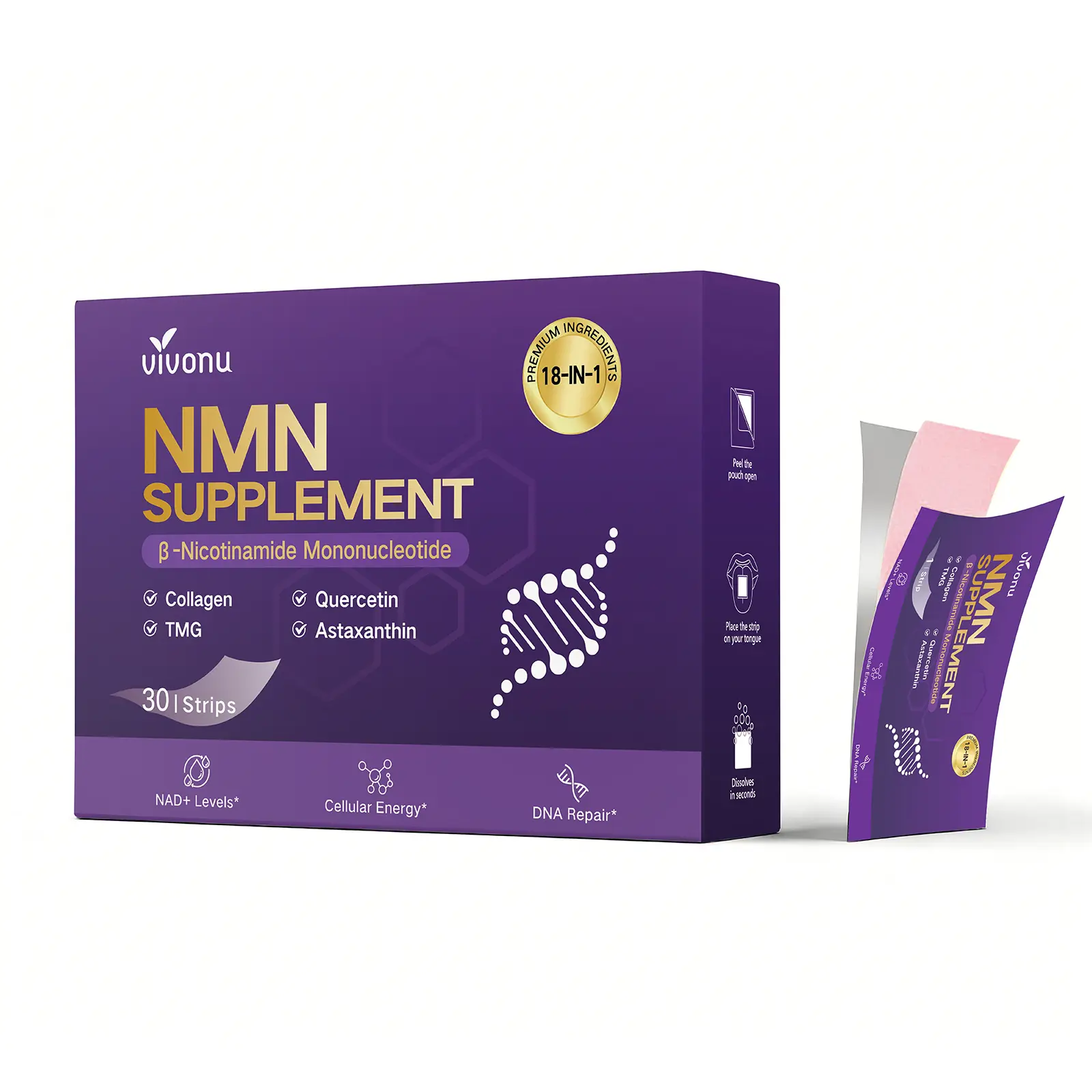 VivoNu 18-in-1 All-in-One NMN Oral Dissolvable Strips, Premium Formula with Nicotinamide Mononucleotide, Resveratrol & Astaxanthin for Cellular Energy & Youth Wellness Support