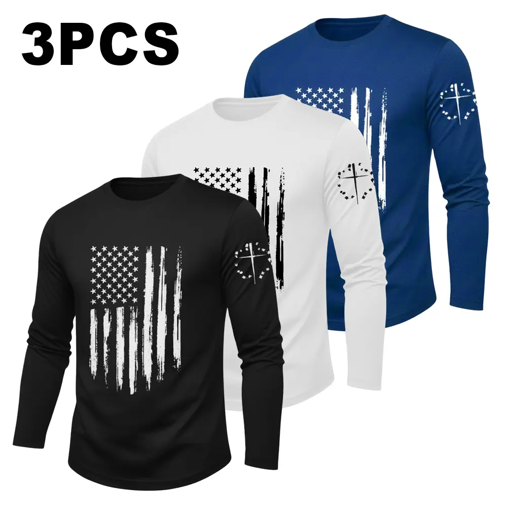 Men's Big & Tall Plus Size (2XL,3XL,4XL) Long Sleeve Casual Crew Neck T-Shirts 3-Pack - Breathable Stretch Fit US Pride Flag Top, Casual Graphic Design Undershirts (Black,White,Blue) Sohochic