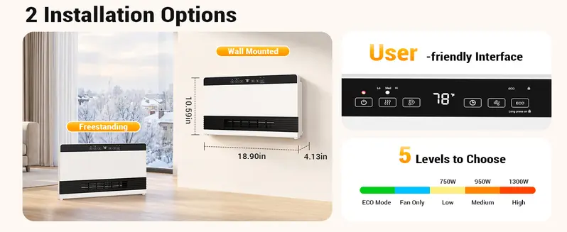 【NOT AC】Electactic 2-in-1 Thermostatic Heater - PTC Heating, 3 Heat Modes+1 Fan Mode, Adjustable Temp, Wallmount, Freestanding, Remote Control, 12H Timer, 45dB Silent Operation, ECO Mode, Overheat Guard, Easy Installation for 15-20m&sup2; Bedrooms