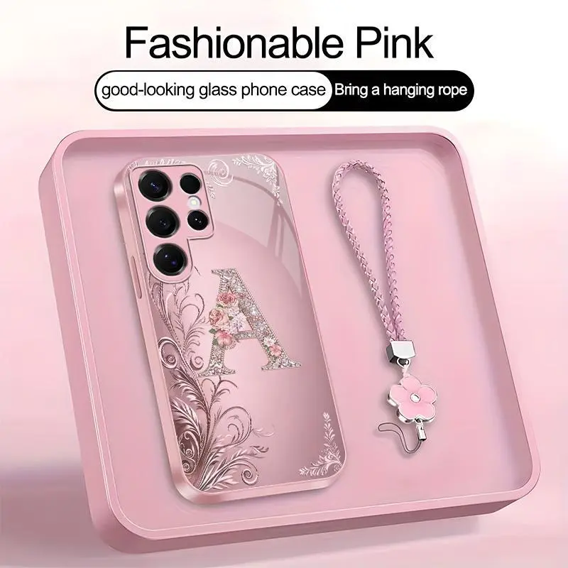 Suitable for [Galaxy S25 Ultra] high-end women's phone case🤩，a beautiful four-leaf clover lanyard is included🍀，Exquisite floral print, non-3D rhinestones, 26 letters to choose from YM99