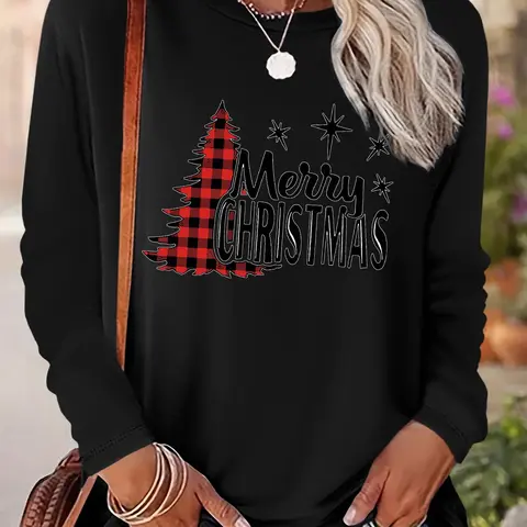 Women's Christmas Tree & Letter Print Drop Shoulder Tee, Casual Long Sleeve Round Neck Pullover for Daily Wear, Ladies Fall & Winter Clothes, Womenswear