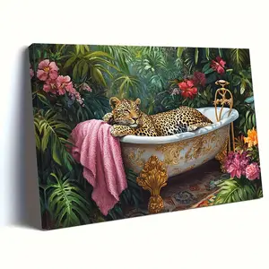 2D Flat, 1pc, Wooden Frame Canvas Painting,A Leopard Lounging in an Ornate Bathtub Surrounded by Lush Tropi, Framed Wall Art Print, Home Decor, Perfect Holiday Gift for Him or Her, Ready to Hang