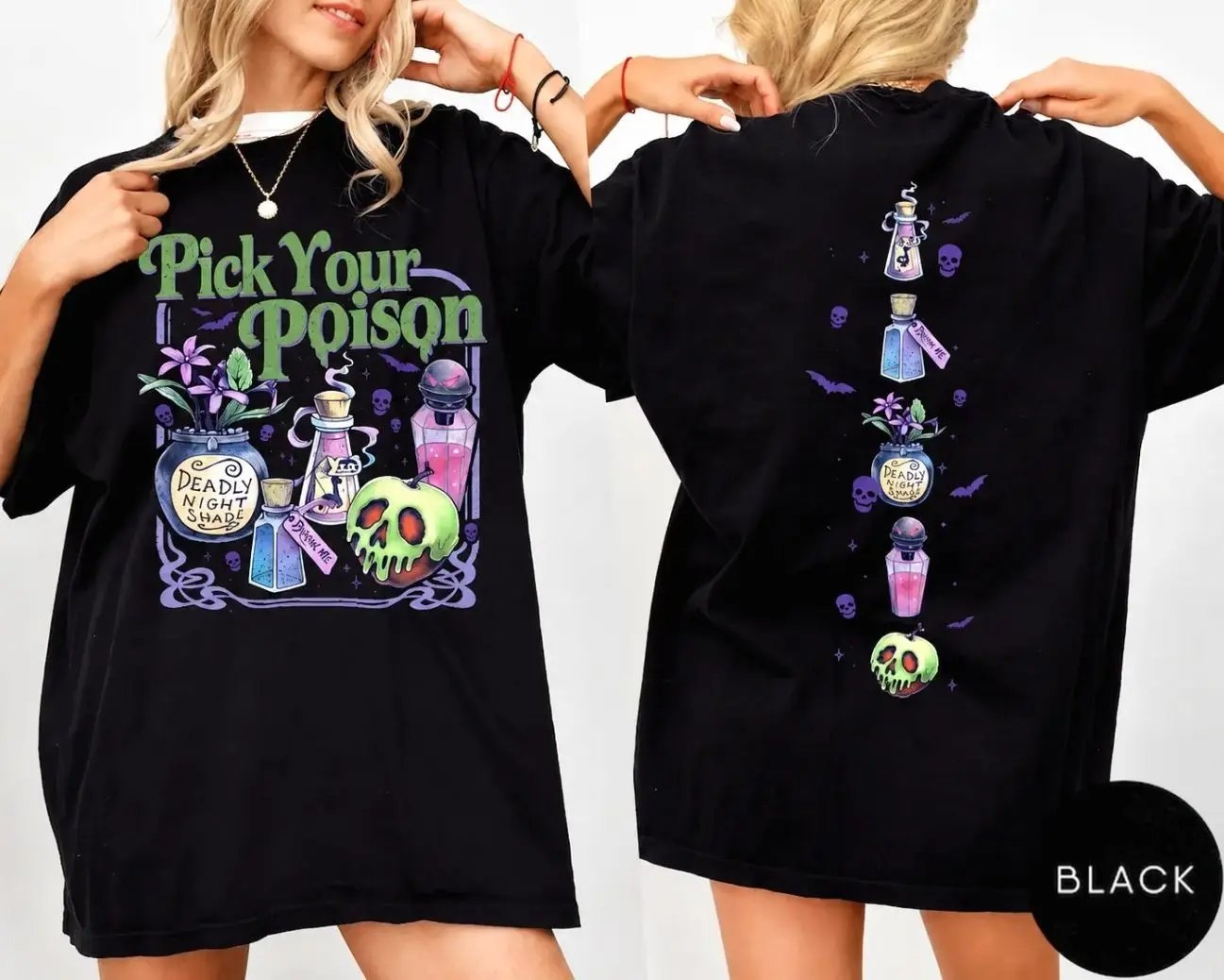 Pick Your Poison Double Sided Black Tee Evil Queen Poison Apple Potion Bottles Graphic Shirt Retro Villain Halloween Spooky Season Loose Witchy Gothic Casual Top For Women UYJ