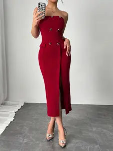 Elegant Burgundy Red Strapless Bodycon Midi Dress Double Breasted Front Slit for Women Formal Evening Gown Perfect for Holiday Party Thanksgiving Outfit