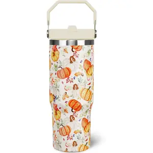 30 oz Fall Tumbler with Handle and Straw, Pumpkin Stainless Steel Vacuum Insulated Travel Coffee Mug Cup Water Bottle, Autumn Thanksgiving Day Decor Stuff Gifts for Women